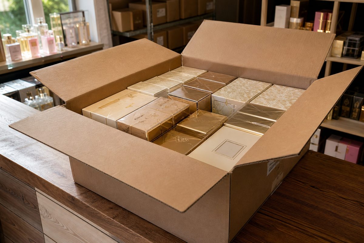 Open wholesale carton of boxed fragrance on a counter